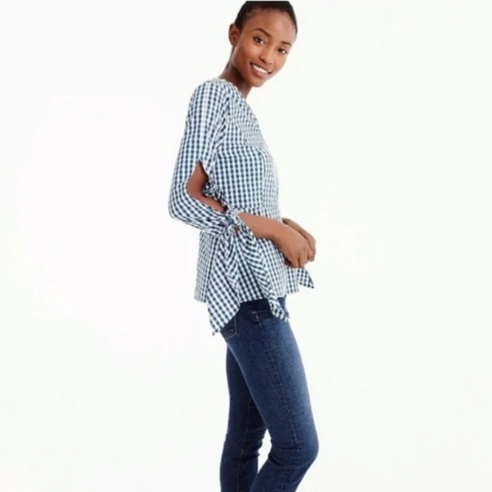 Universal Standard for J. Crew Medium Gingham Tie Sleeve Top